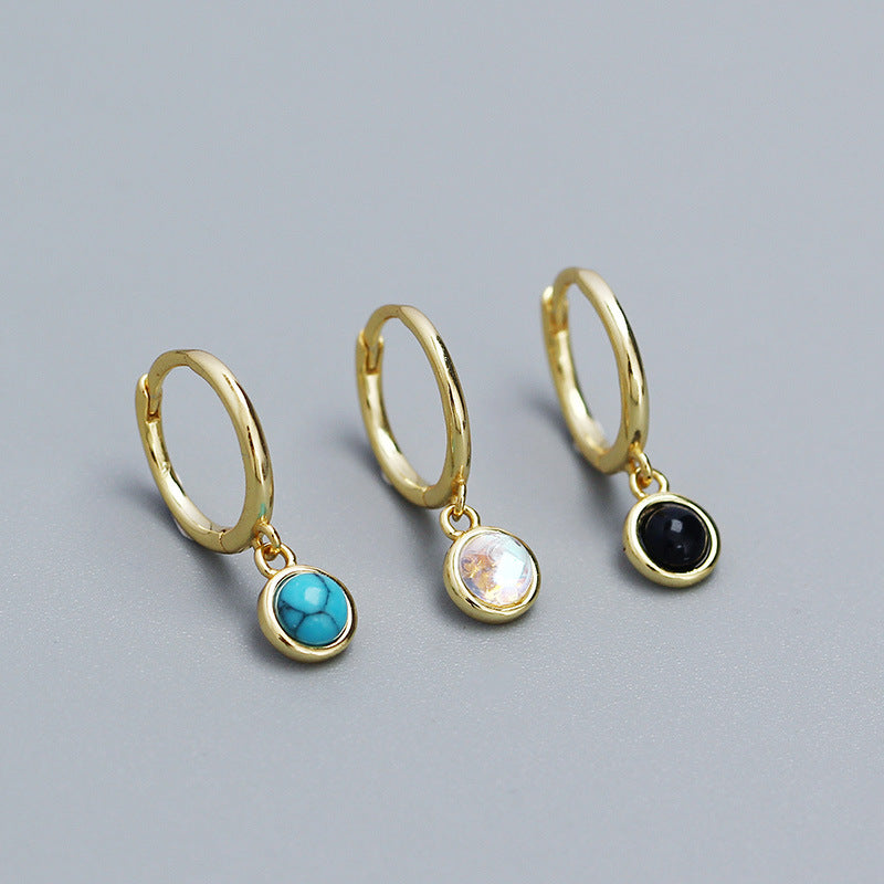 Simple Round Created Agate Moonstone Turquoise 925 Sterling Silver Hoop Earrings