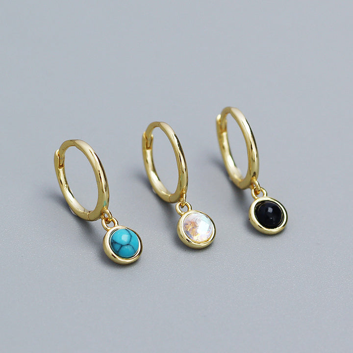 Simple Round Created Agate Moonstone Turquoise 925 Sterling Silver Hoop Earrings