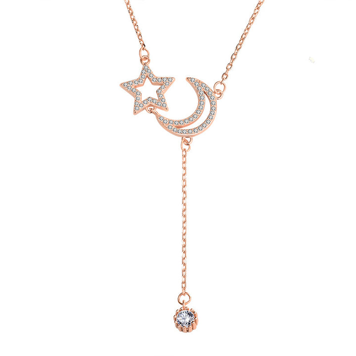 Friend's CZ Hollow Crescent Moon Star Tassels 925 Sterling Silver Necklace