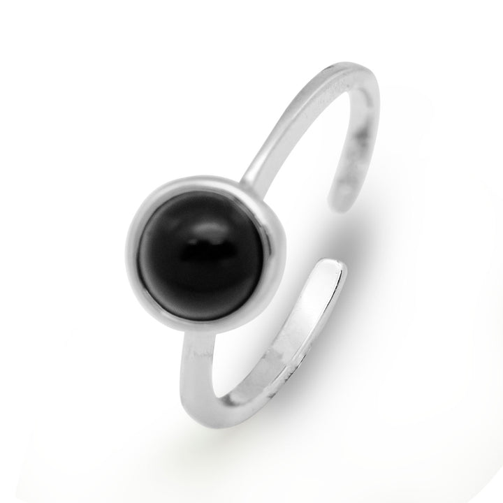 Round Black Agate CZ 925 Sterling Silver Open Size Ring Women