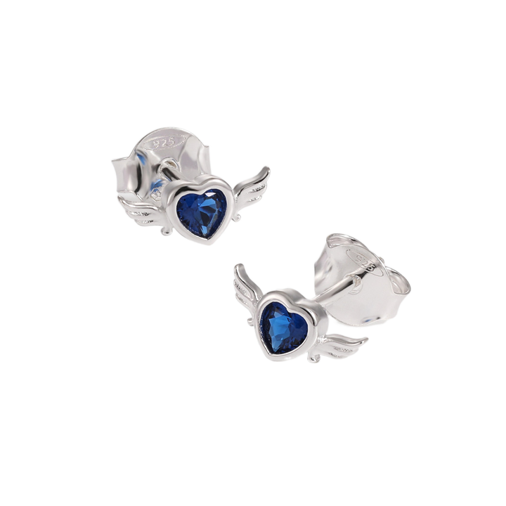 New Blue CZ Flying Heart 925 Sterling Silver Stud Earrings