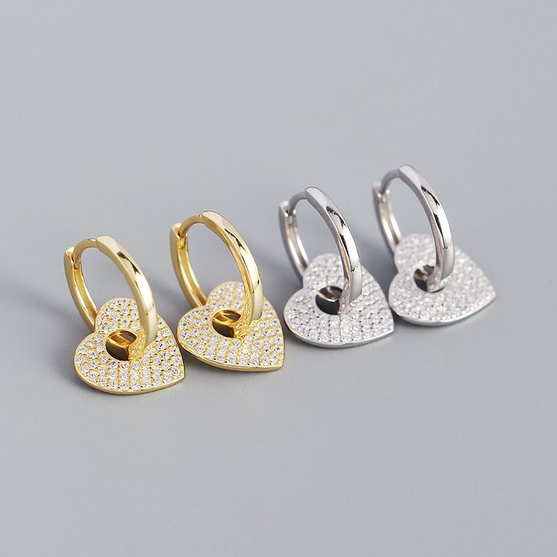 Women Micro Setting CZ Heart 925 Sterling Silver Hoop Earrings