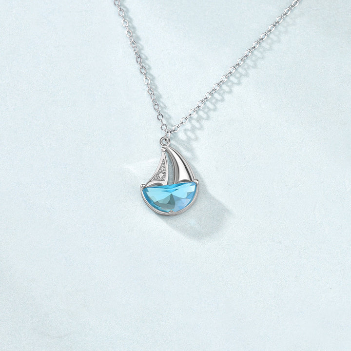 Casual Blue CZ Sailboat 925 Sterling Silver Necklace