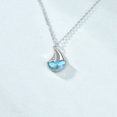 Casual Blue CZ Sailboat 925 Sterling Silver Necklace