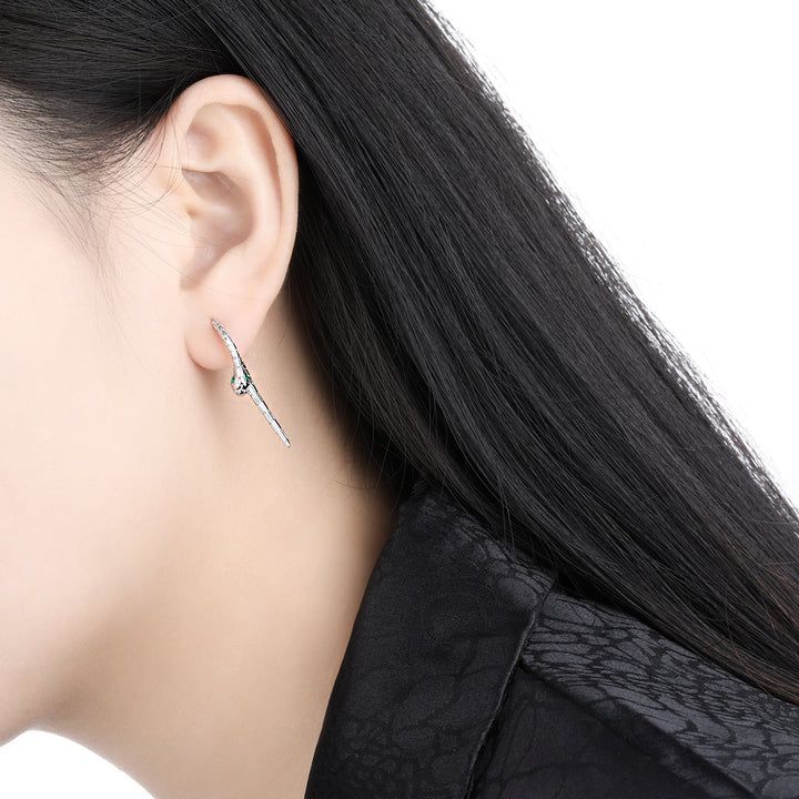Modern Animal Gree CZ Eye Snake 925 Sterling Silver Leverback Dangling Earrings