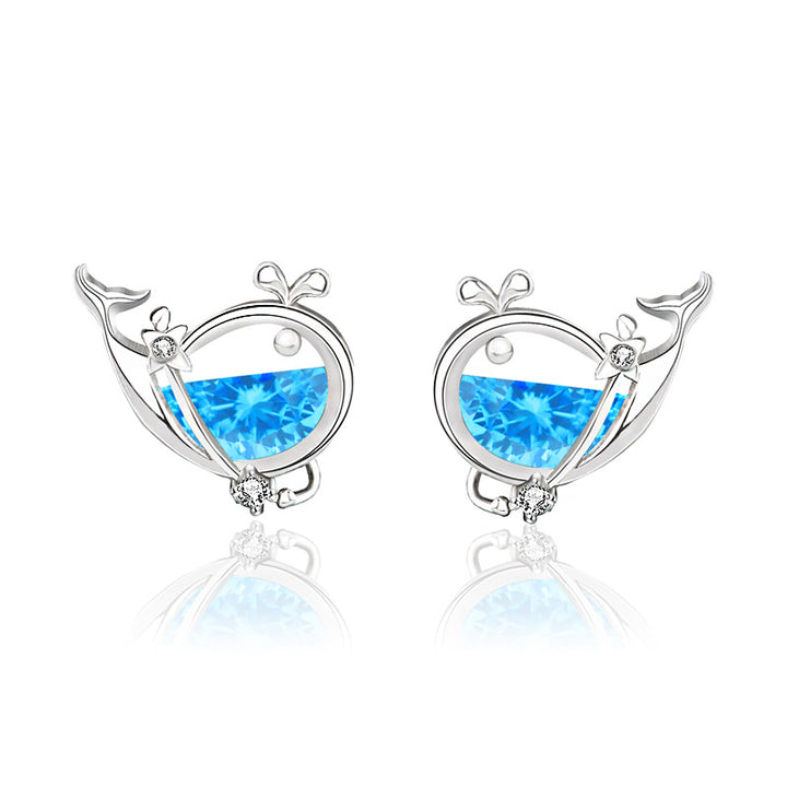 Cute CZ Whale Fish 925 Sterling Silver Stud Earrings
