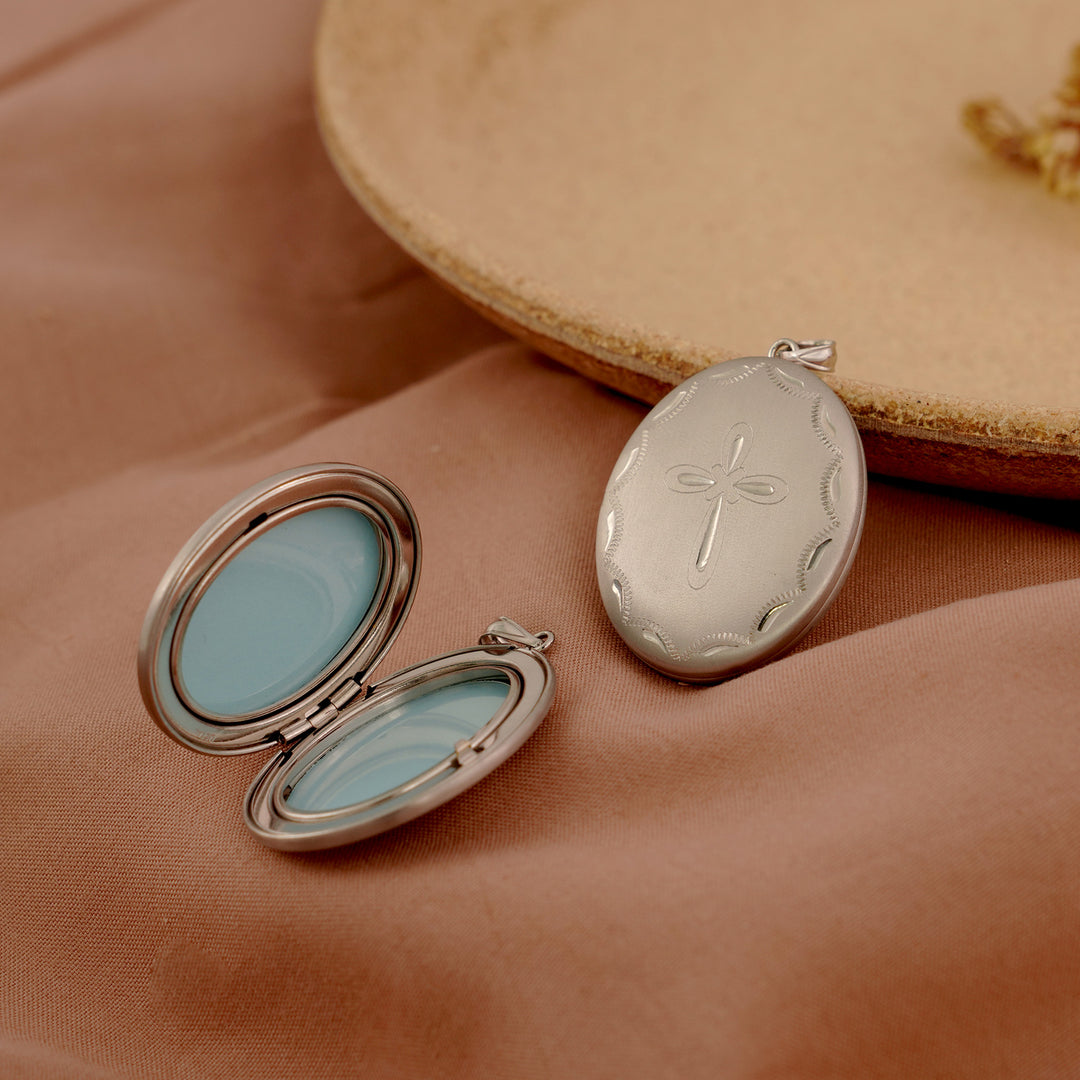 Simple Flower Cross Oval 925 Sterling Silver Locket Necklace Pendant