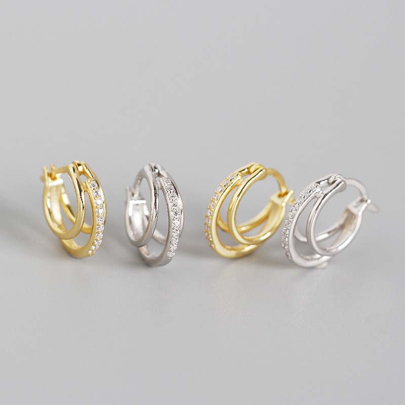 925 Sterling Silver CZ Hoop Earrings - Three Circle Geometric Design for Women