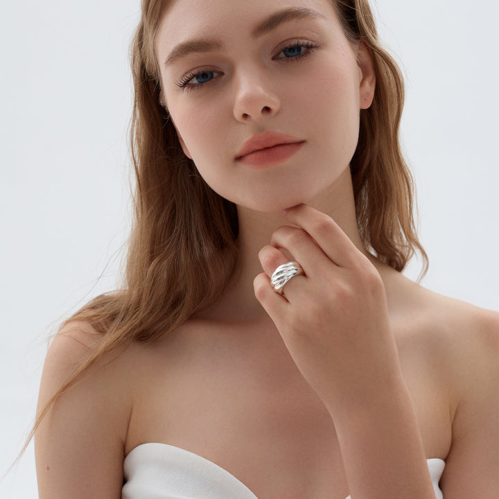 Bold Chunky Electroforming Light Exaggerated Jewelry Extra Large Simple Twill Pattern 999 Sterling Silver Wide Ring