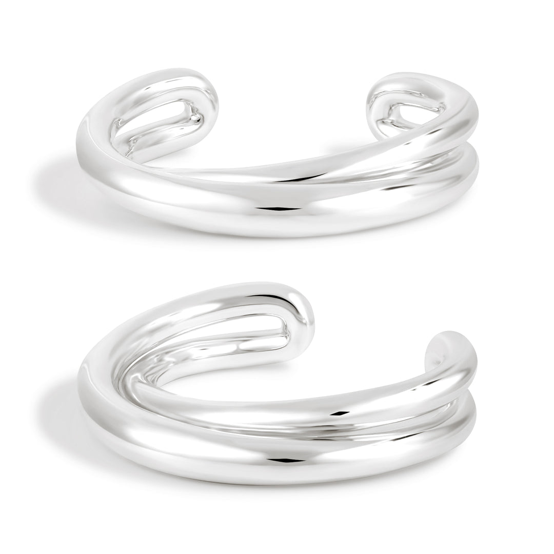 Classic Irregular Double Layers Cross 999 Sterling Silver Open Cuff Bracelet