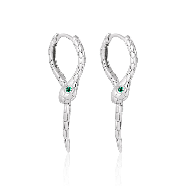 Modern Animal Gree CZ Eye Snake 925 Sterling Silver Leverback Dangling Earrings