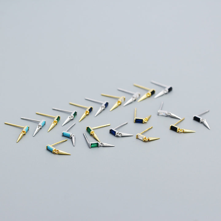 Fashion Punk Geometry Baguette CZ  Turquoise Rivet 925 Sterling Silver Stud Earrings