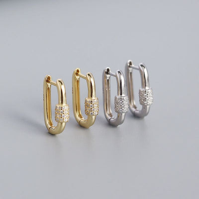 Geometry U Shape CZ Cylinder 925 Sterling Silver Hoop Earrings