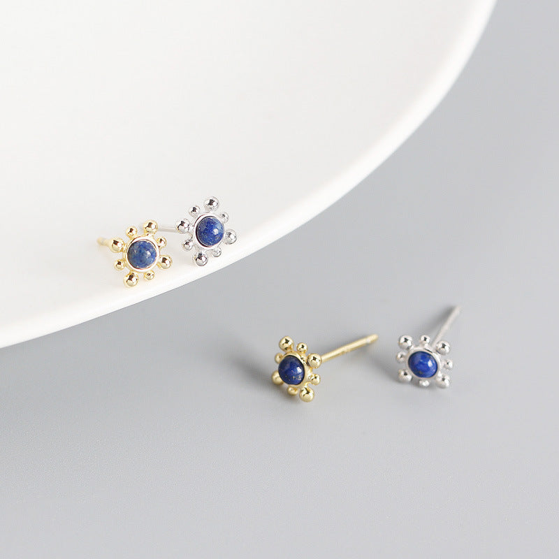 Geometry Blue Natural Lpis Lazuli Sun 925 Sterling Silver Stud Earrings