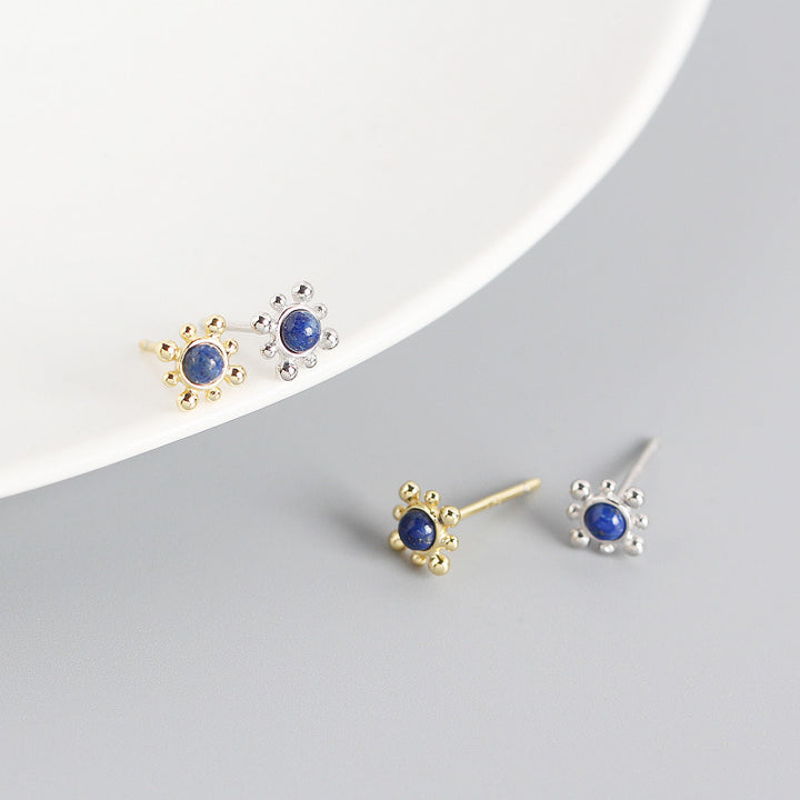 Geometry Blue Natural Lpis Lazuli Sun 925 Sterling Silver Stud Earrings