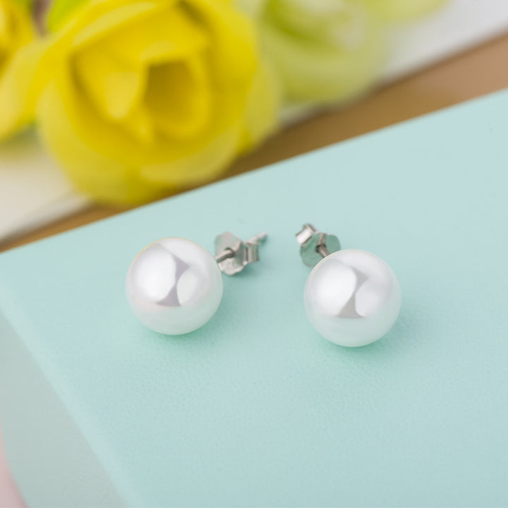 Fashion 925 Sterling Silver White Shell Pearl Concise Studs Earrings(6/8mm)