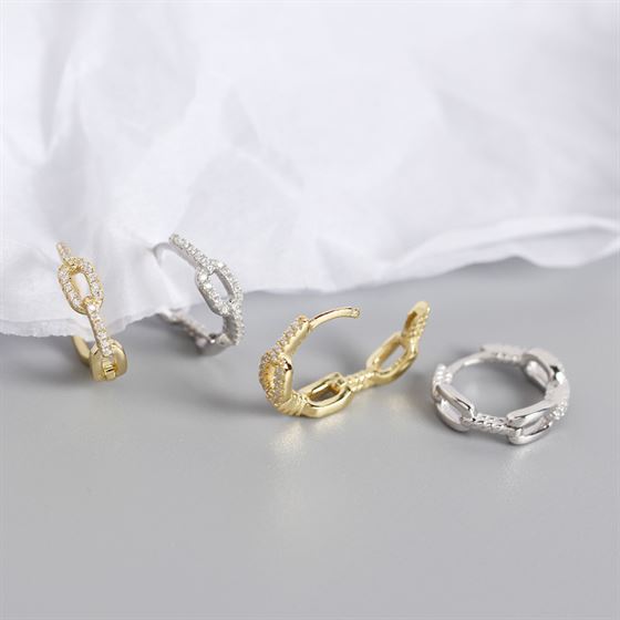 Fashion Chain CZ 925 Sterling Silver Huggie Hoop Earrings