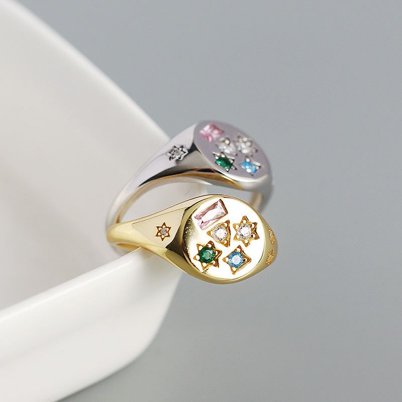 Geometry Colorful CZ Stars Rectangle 925 Sterling Silver Adjustable Ring