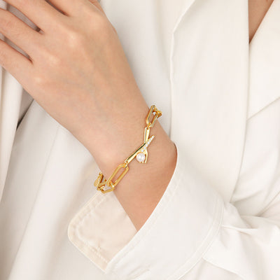 Fashion Natural Pearl Fork CZ Knift 925 Sterling Silver Hollow Chain Bracelet