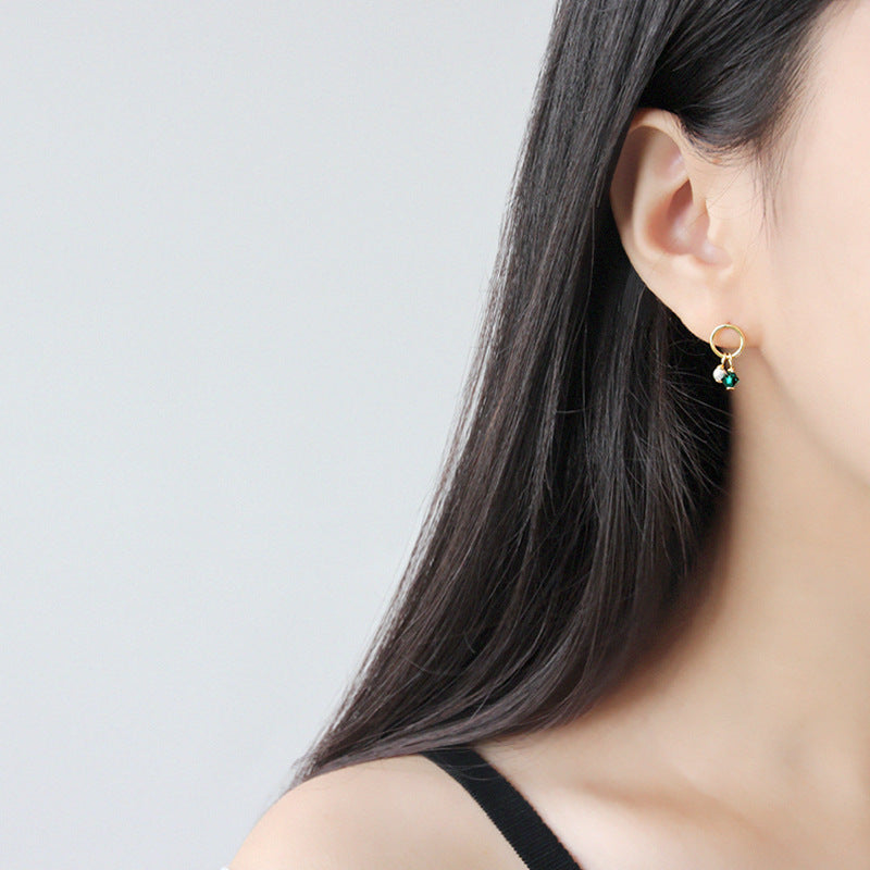 Asymmetry Shell Pearls Green CZ 925 Sterling Gold Stud Earrings