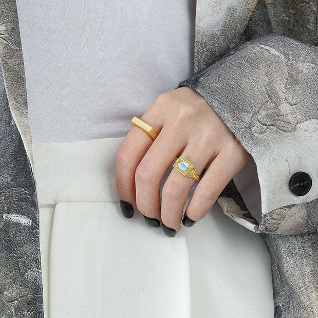 Modern Oval Created Moonstone Geometry Rectangle 925 Sterling Silver Adjustable Ring