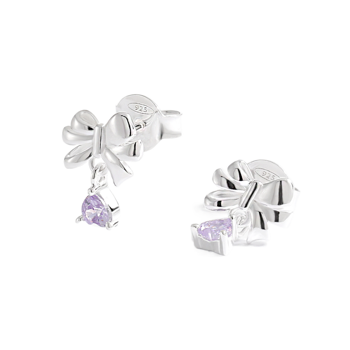 Sweet Bow-Knot with Heart CZ Drops 925 Sterling Silver Stud Earrings