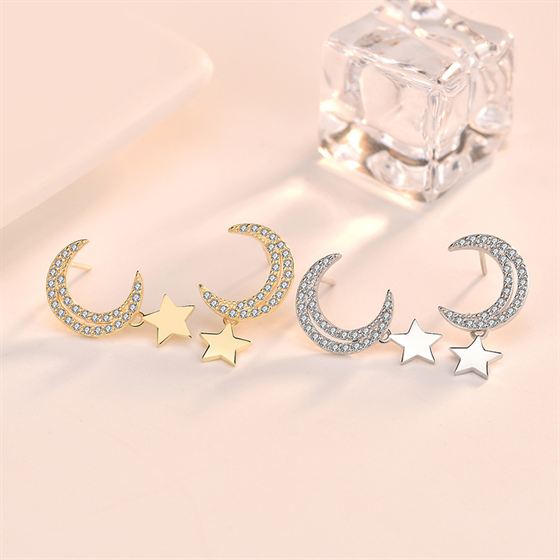 CZ Crescent Moon Stars Sweet 925 Sterling Gold Stud Earrings