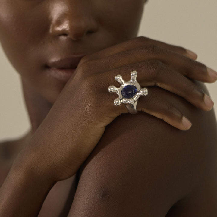 Stylish for Women Sophisticated 999 Pure Silver Elegant Gemstone Irregular Crown Electroforming Adjustable Statement Ring