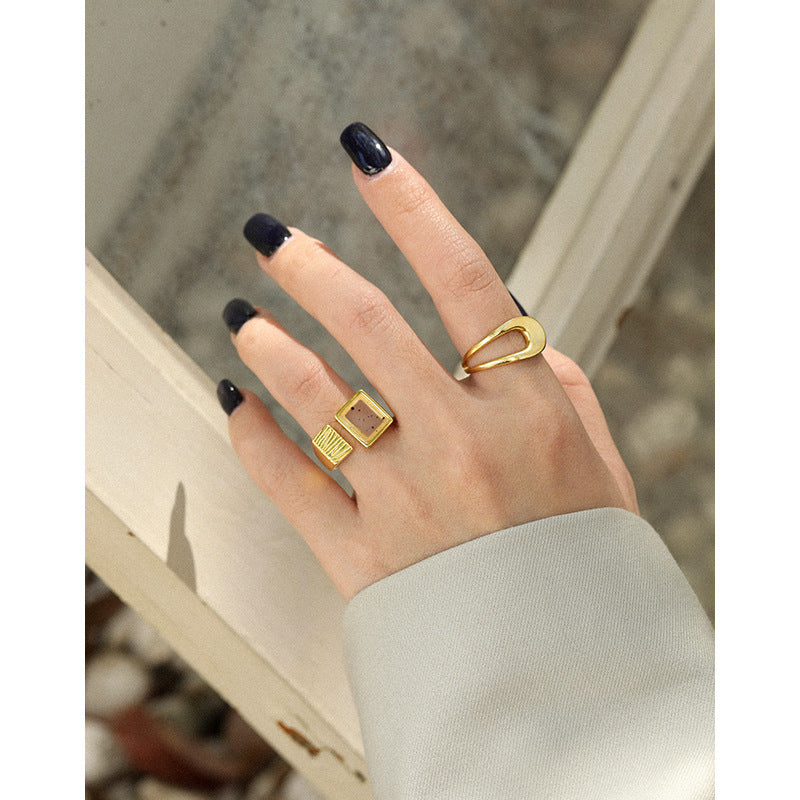 Men's Geometry Square Natural Agate 925 Sterling Silver Adjustable Ring