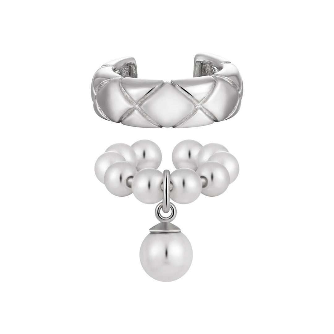 Women Elegant Quilting Pattern Shell Pearls 925 Sterling Silver Non-Pierced Earring(Single)