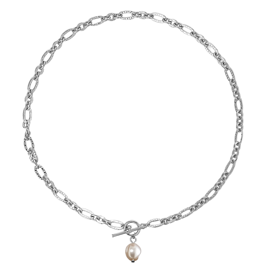 Simple Hollow Wave Oval Natural Pearl Chain 925 Sterling Silver Necklace