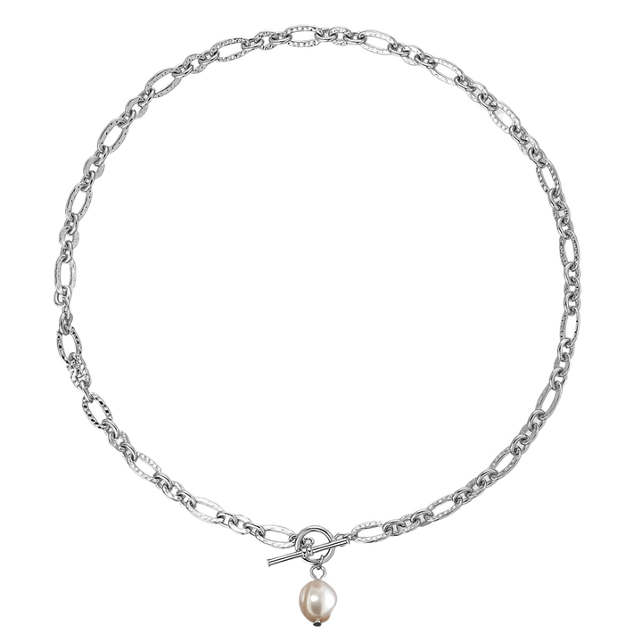 Simple Hollow Wave Oval Natural Pearl Chain 925 Sterling Silver Necklace