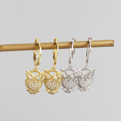 Animal CZ Owl 925 Sterling Silver Hoop Earrings