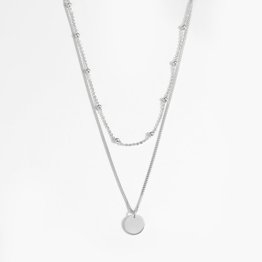 Choker Double Beads Chain Tag Coin 925 Sterling Silver Necklace