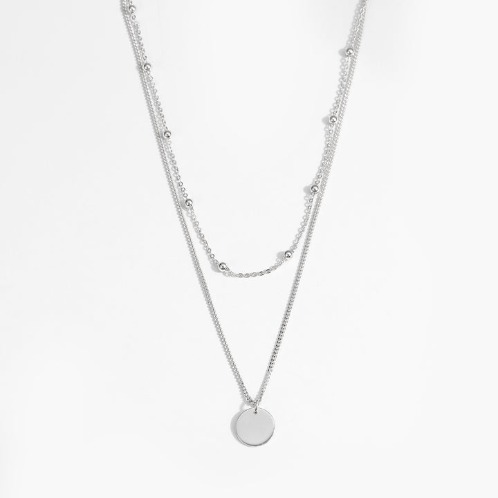 Choker Double Beads Chain Tag Coin 925 Sterling Silver Necklace