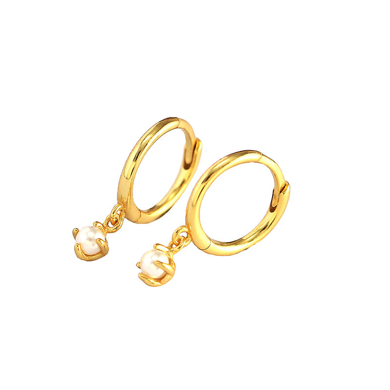 Minimalist Round Shell Pearl 925 Sterling Silver Hoop Earrings