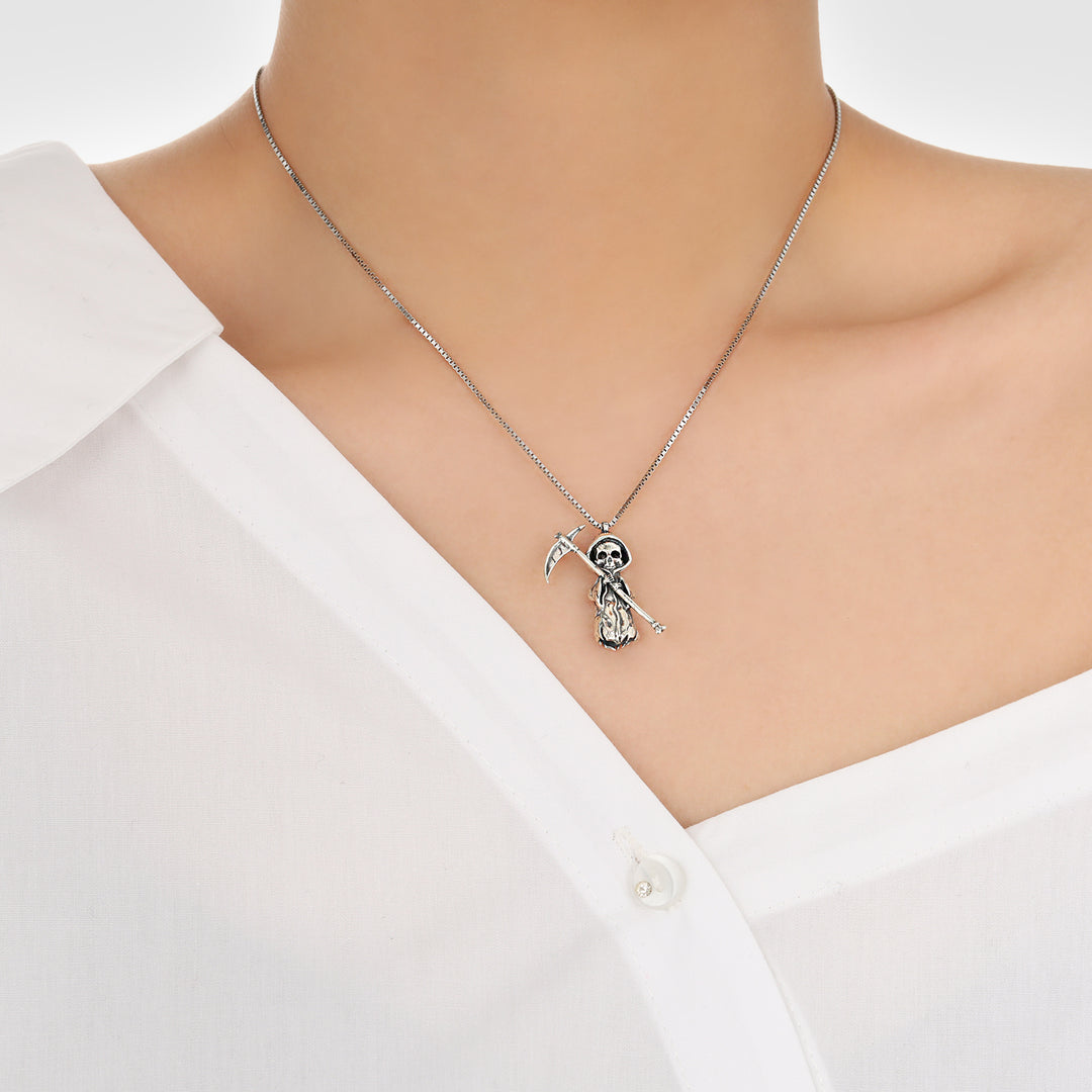 Vintage A Skeleton Holding A Sickle 925 Sterling Silver Necklace