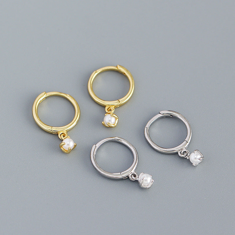 Minimalist Round Shell Pearl 925 Sterling Silver Hoop Earrings