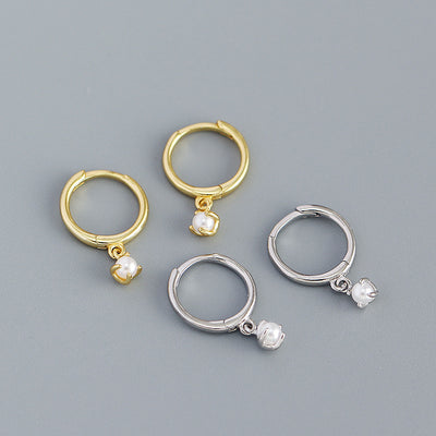 Minimalist Round Shell Pearl 925 Sterling Silver Hoop Earrings
