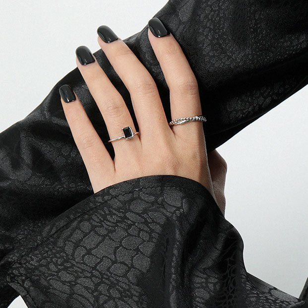 Elegant Black CZ Baguette Geometry 925 Sterling Silver Adjustable Ring