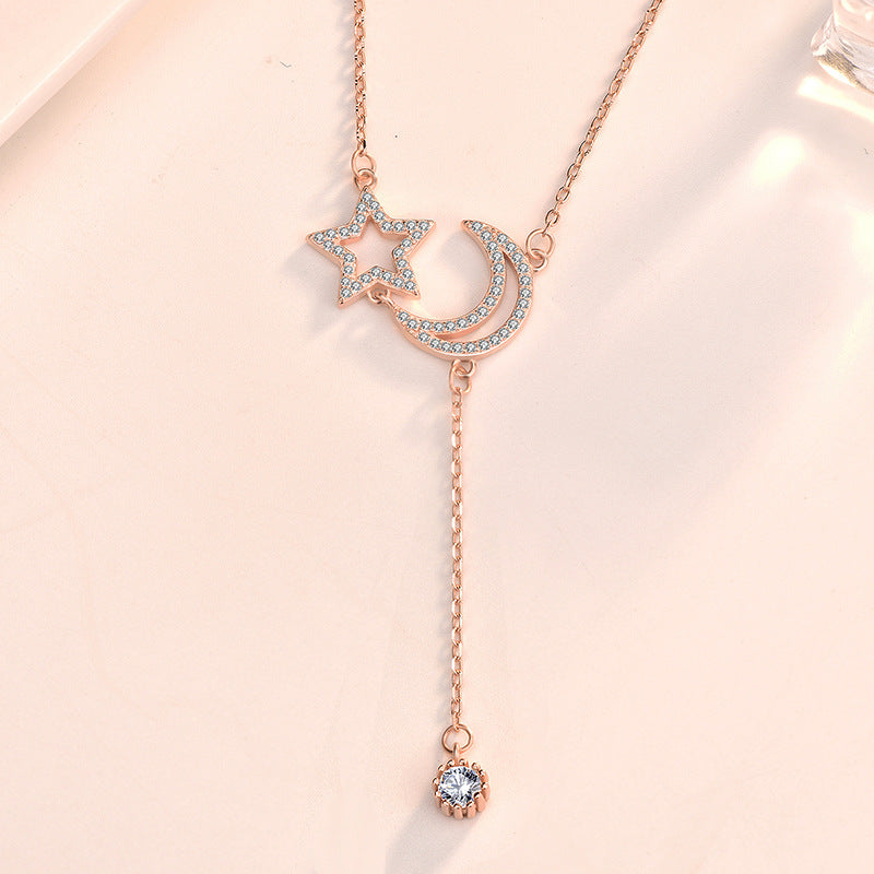 Friend's CZ Hollow Crescent Moon Star Tassels 925 Sterling Silver Necklace