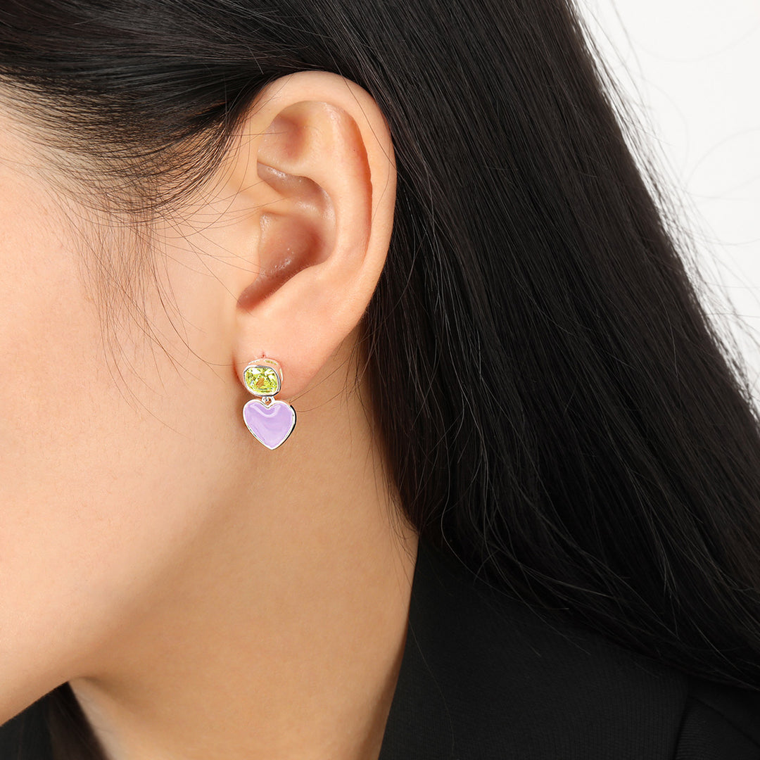 Summer DIY Epoxy Color Colorful Heart CZ 925 Sterling Silver Dangling Earrings