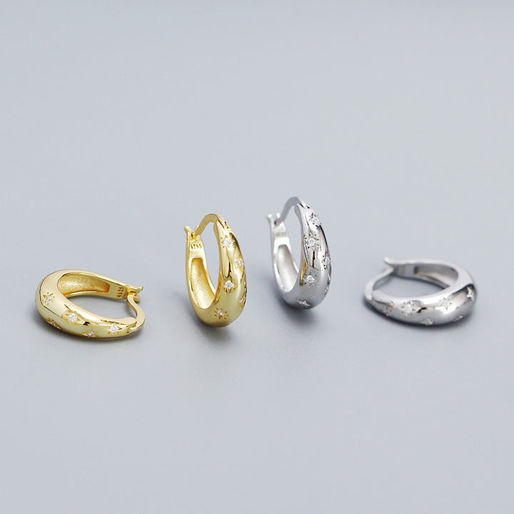 Hot Shining CZ Eight Pointed Stars 925 Sterling Silver Hoop Earrings