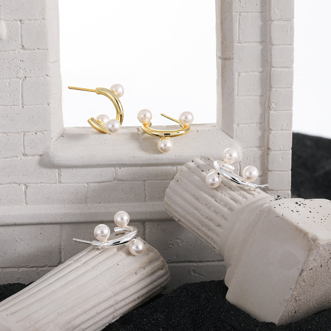 Fashion Office Round Shell Pearls C Shape 925 Sterling Silver Hoop Earrings