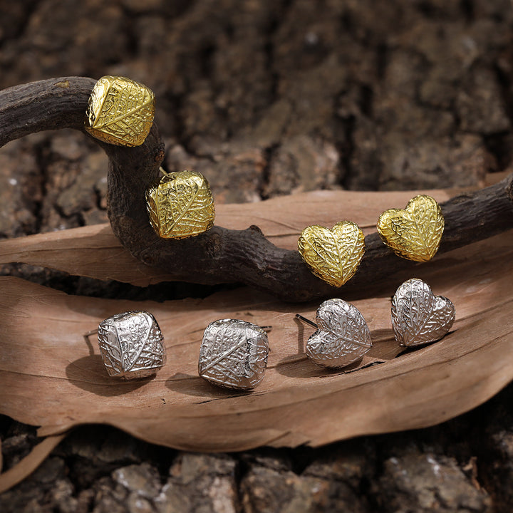 Lady Geometry Square Heart Leaves 925 Sterling Silver Stud Earrings