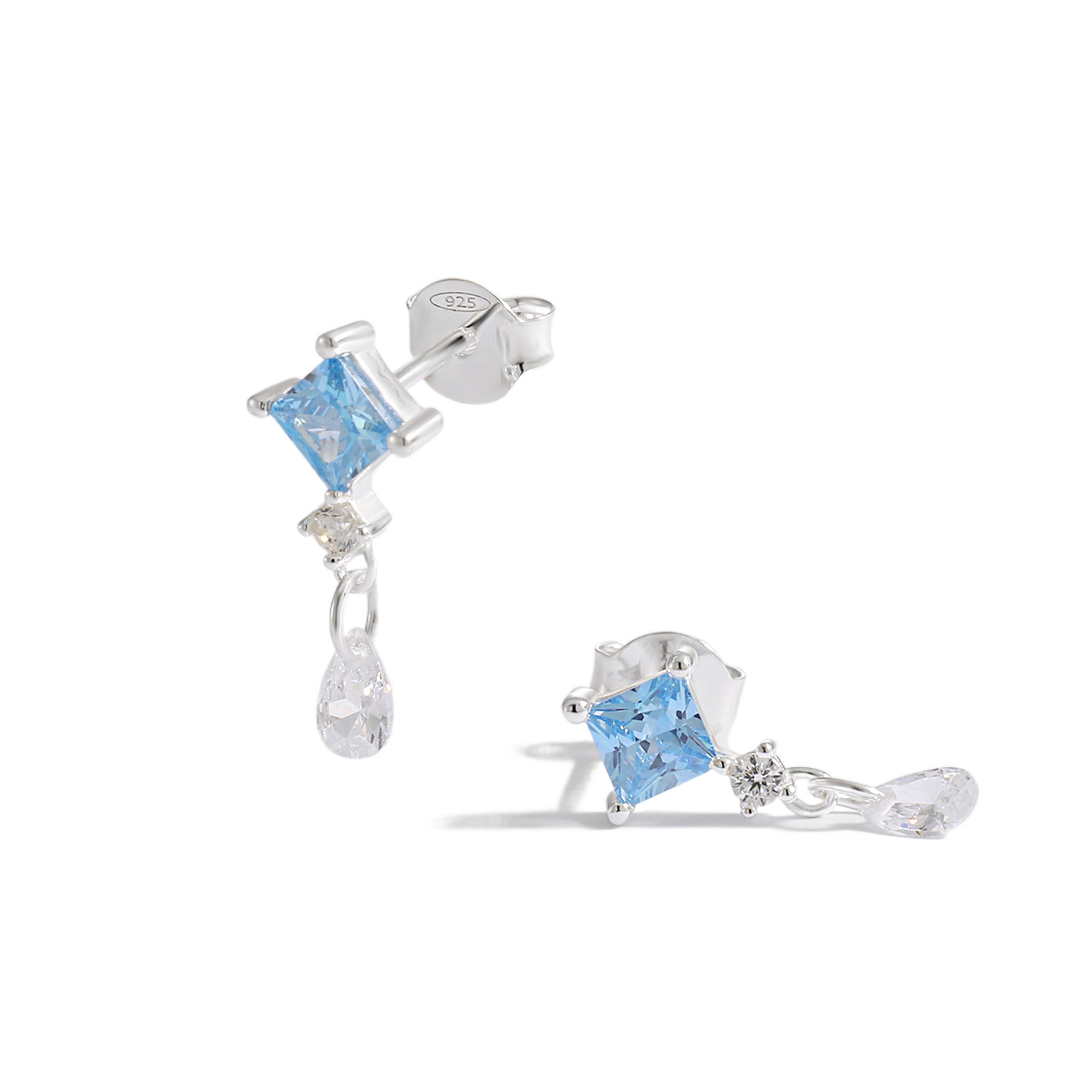 Geometry Blue Rhombus CZ 925 Sterling Silver Waterdop Dangling Earrings
