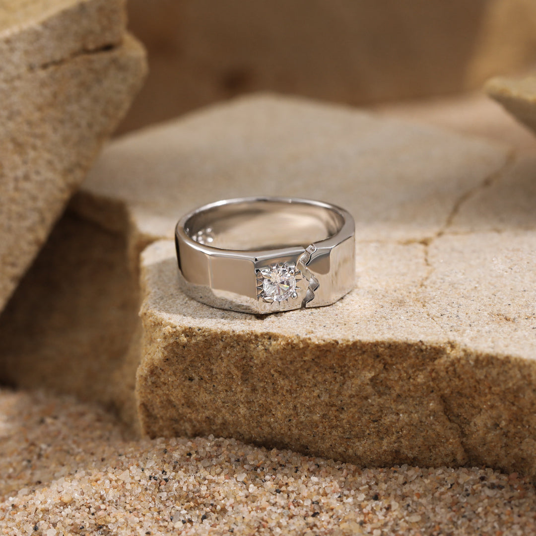 Men's Irregular Borken Pattern CZ 925 Sterling Silver Adjustable Ring