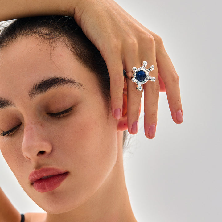 Stylish for Women Sophisticated 999 Pure Silver Elegant Gemstone Irregular Crown Electroforming Adjustable Statement Ring