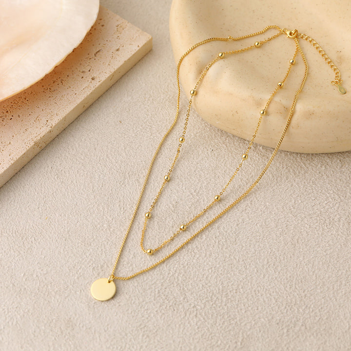 Choker Double Beads Chain Tag Coin 925 Sterling Silver Necklace