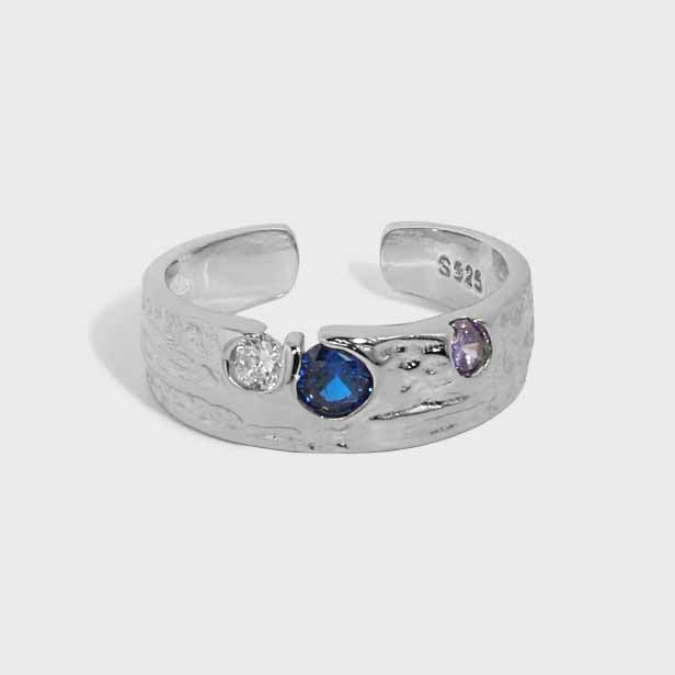 Chunky Textured CZ Ring 925 Silver - Colorful Multi Stone Statement Ring Women